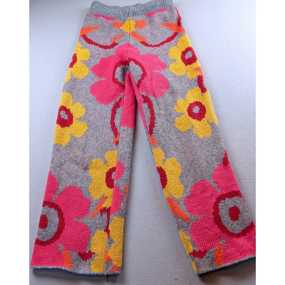 Davi & Dani Floral Knit Wide Leg Pants Grey Pink Yellow Orange Size Small